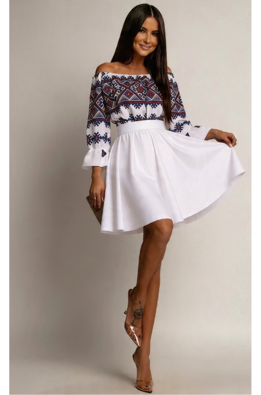Rochie traditonala midi, din tafta alba, cu maneca lunga, Alessa 1 - jojofashion.ro