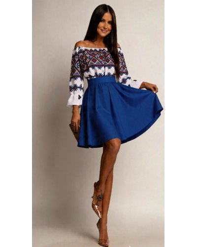 Rochii tafta, Rochie traditonala midi, din tafta albastra, cu maneca lunga, Alessa - jojofashion.ro