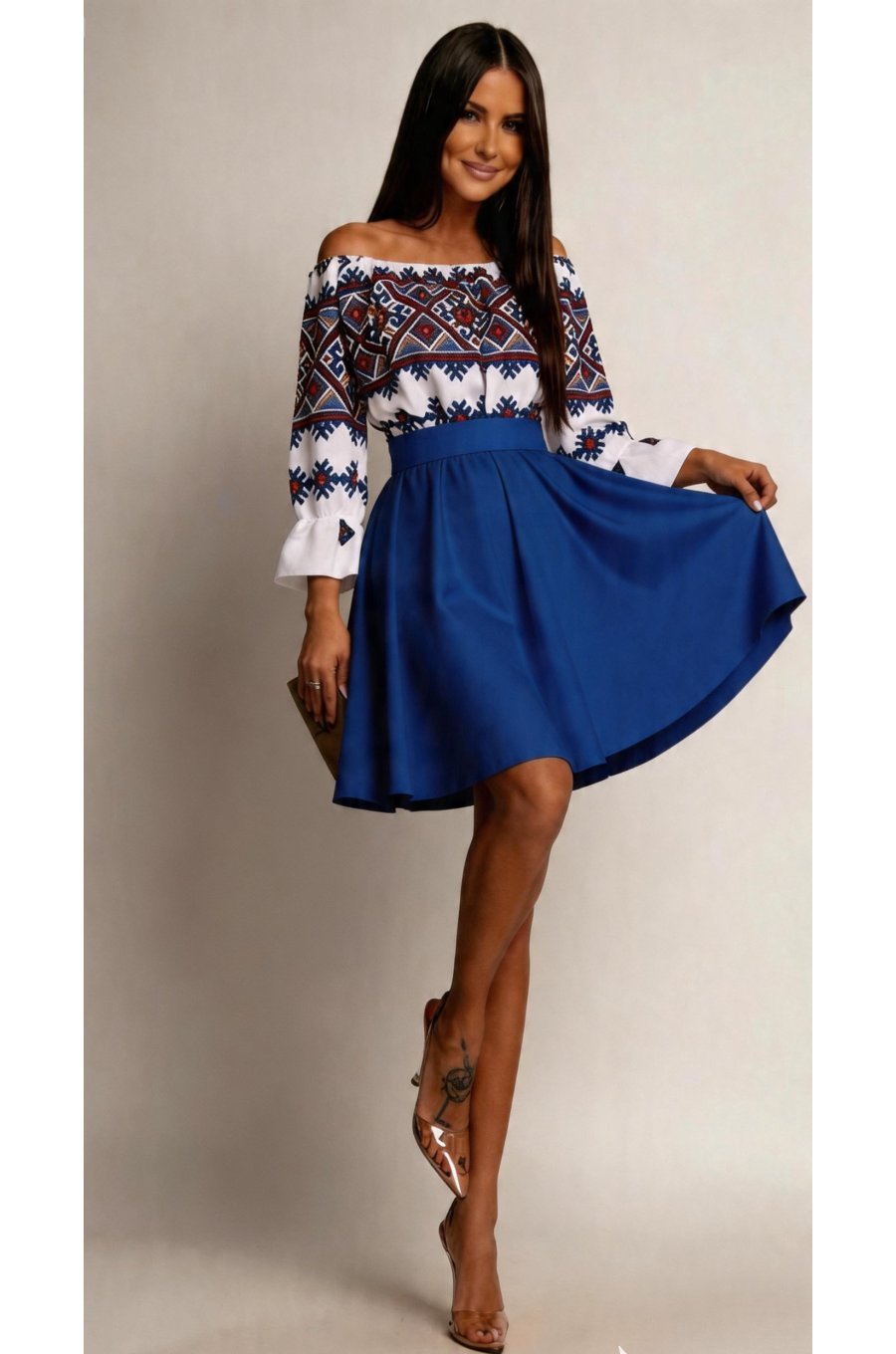 Rochie traditonala midi, din tafta albastra, cu maneca lunga, Alessa 1 - jojofashion.ro