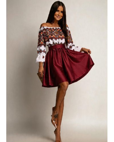 Rochii tafta, Rochie traditonala midi, din tafta burgundy, cu maneca lunga, Alessa - jojofashion.ro