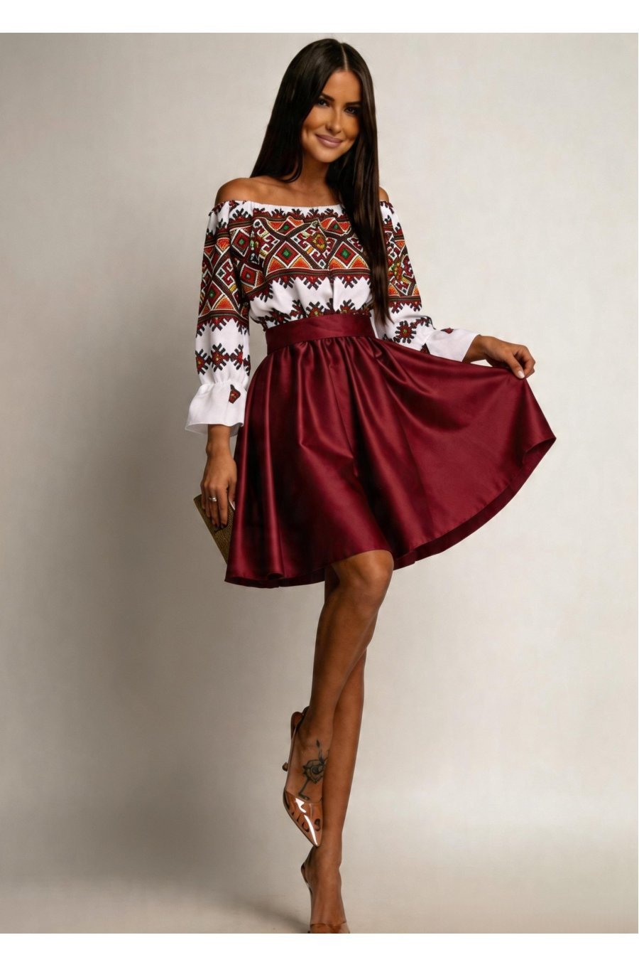 Rochie traditonala midi, din tafta burgundy, cu maneca lunga, Alessa 1 - jojofashion.ro