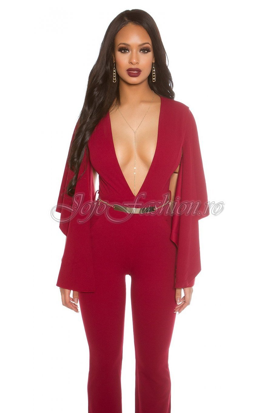 Salopeta eleganta burgundy cu decolteu in V Koucla Anitta 2 - jojofashion.ro