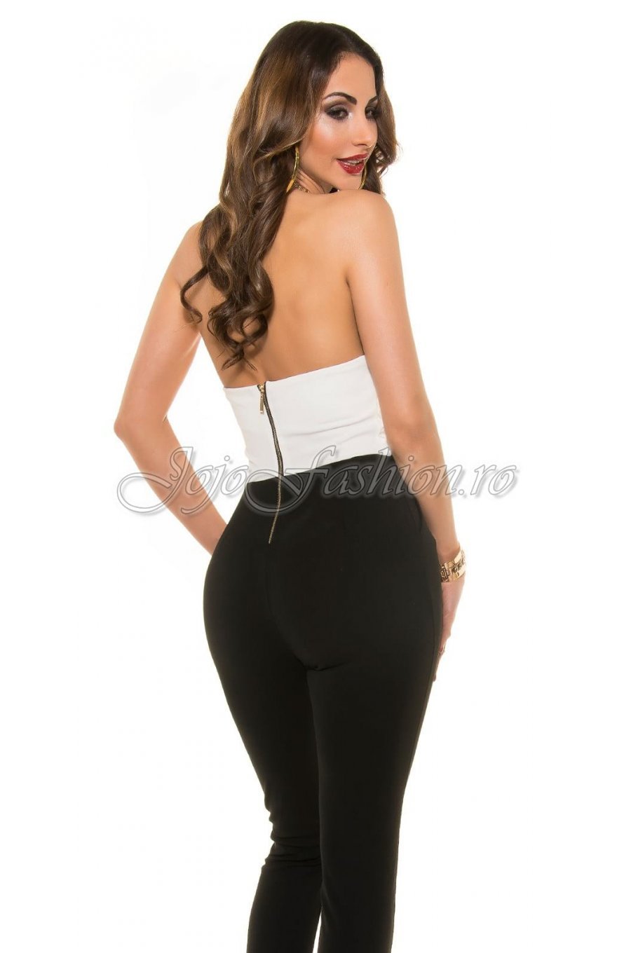 Salopeta neagra cu dantela alba, cu umerii goi Aygul 3 - jojofashion.ro