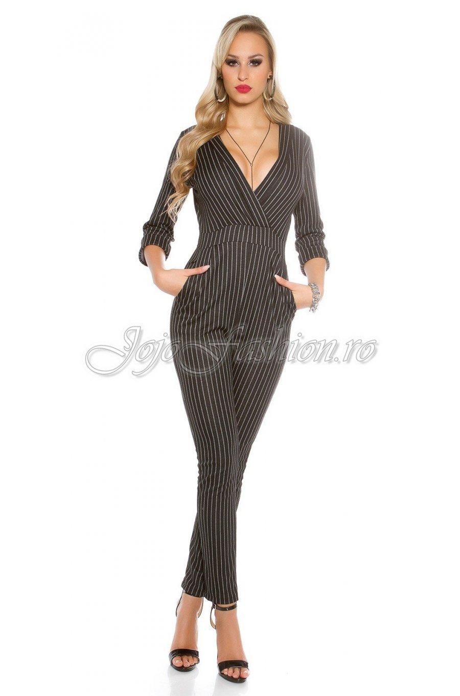 Salopeta office neagra, vascoza, cu dungi verticale Georgia 1 - jojofashion.ro