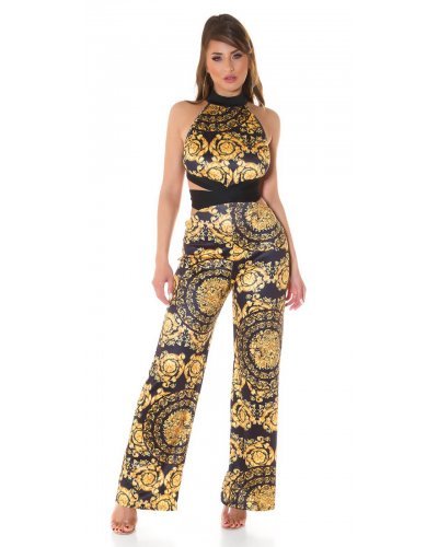 Salopeta evazata baroc negru cu galben Lidya Salopete dama, Salopeta evazata baroc negru cu galben Lidya - jojofashion.ro