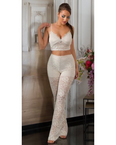 Tinuta din dantela bej, pantaloni si crop top, Amore - jojofashion.ro