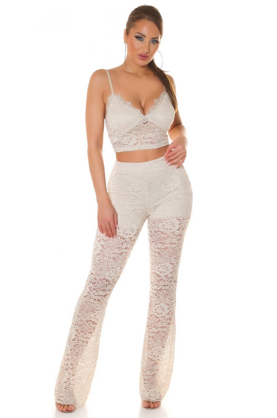 Tinuta din dantela bej, pantaloni si crop top, Amore Tinuta din dantela bej, pantaloni si crop top, Amore 5 - jojofashion.ro