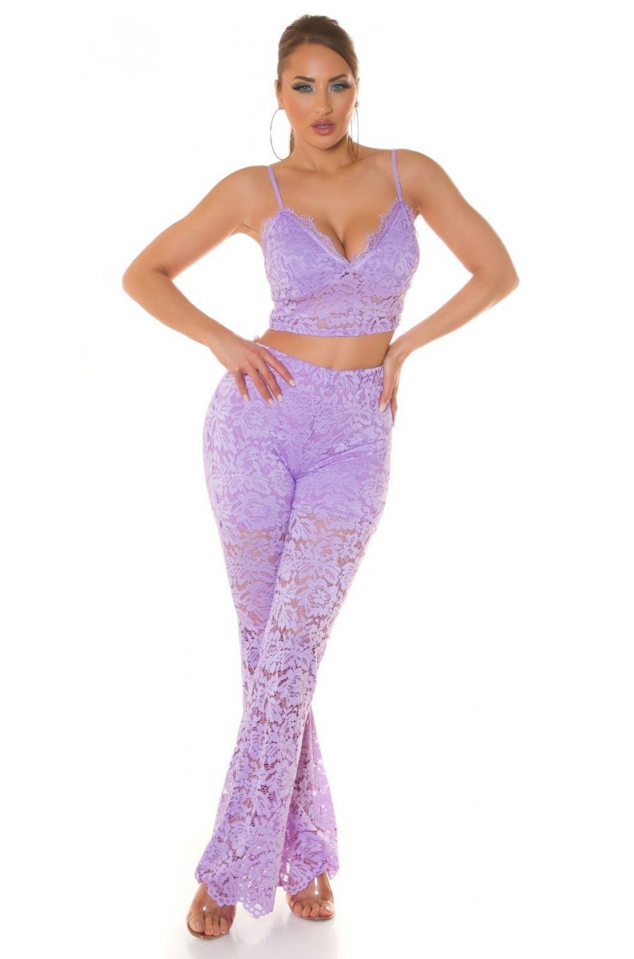 Tinuta din dantela lila, pantaloni si crop top, Amore Tinuta din dantela lila, pantaloni si crop top, Amore 5 - jojofashion.ro
