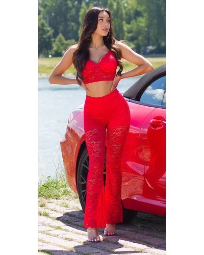 Tinuta din dantela rosie, pantaloni si crop top, Amore - jojofashion.ro