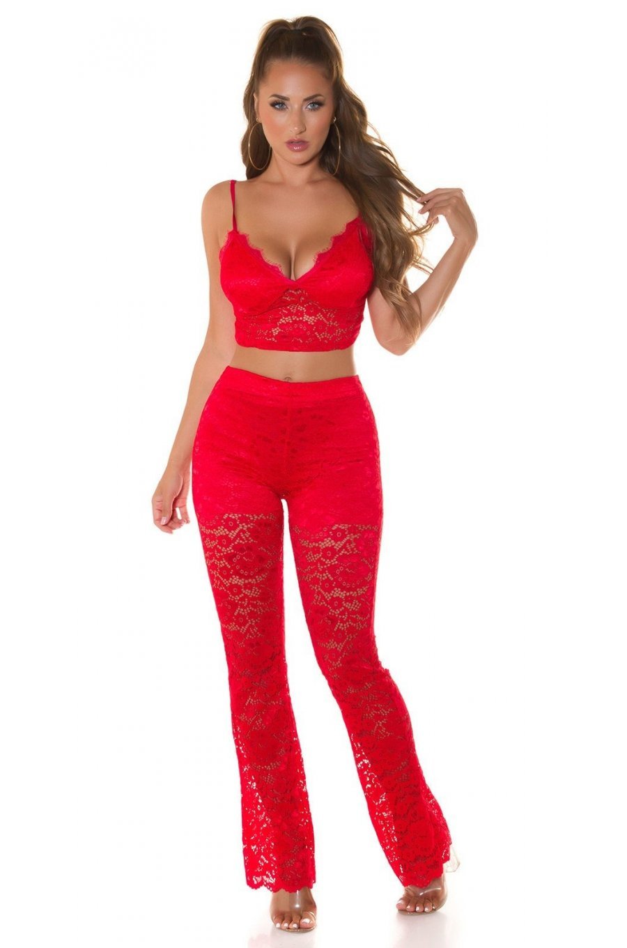 Tinuta din dantela rosie, pantaloni si crop top, Amore Tinuta din dantela rosie, pantaloni si crop top, Amore 3 - jojofashion.ro