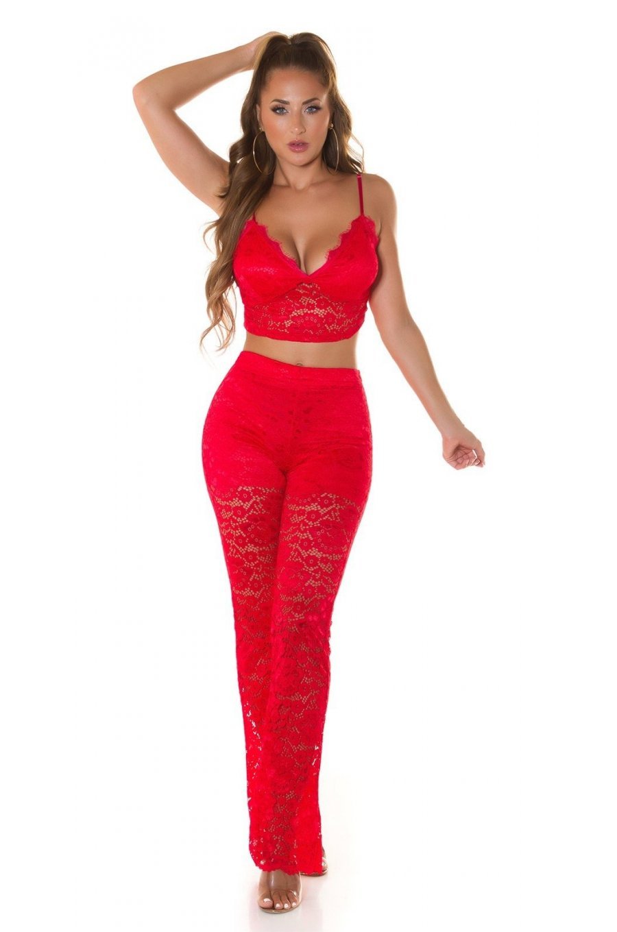 Tinuta din dantela rosie, pantaloni si crop top, Amore Tinuta din dantela rosie, pantaloni si crop top, Amore 5 - jojofashion.ro