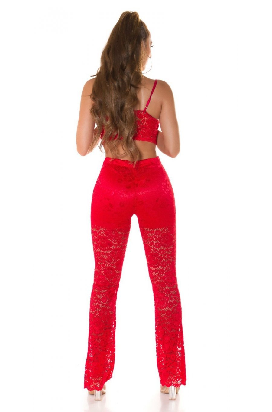 Tinuta din dantela rosie, pantaloni si crop top, Amore Tinuta din dantela rosie, pantaloni si crop top, Amore 6 - jojofashion.ro