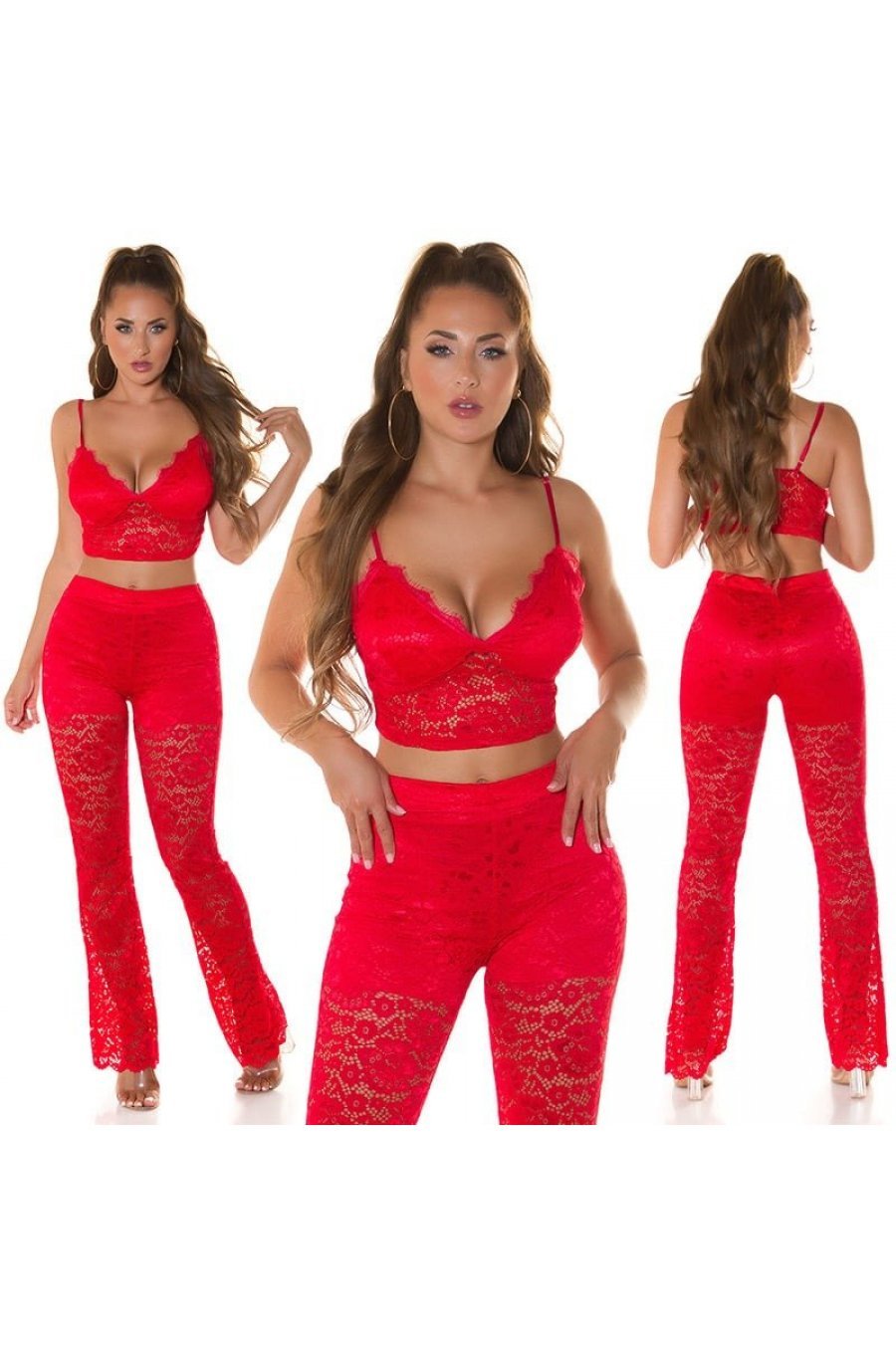 Tinuta din dantela rosie, pantaloni si crop top, Amore Tinuta din dantela rosie, pantaloni si crop top, Amore 8 - jojofashion.ro