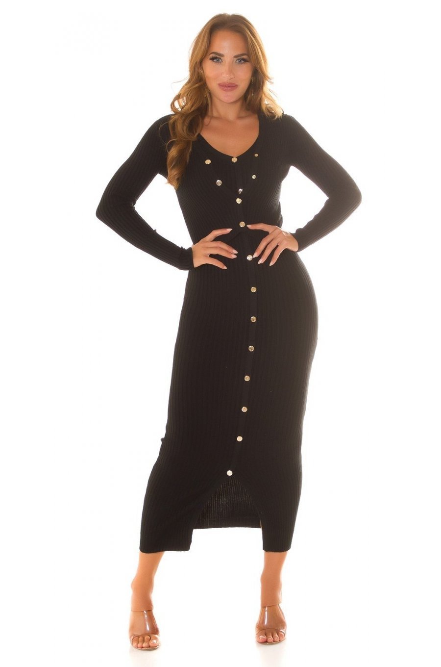 Tinuta din doua piese, rochie midi si cardigan, din vascoza, neagra, mulata, Nadinn 4 - jojofashion.ro