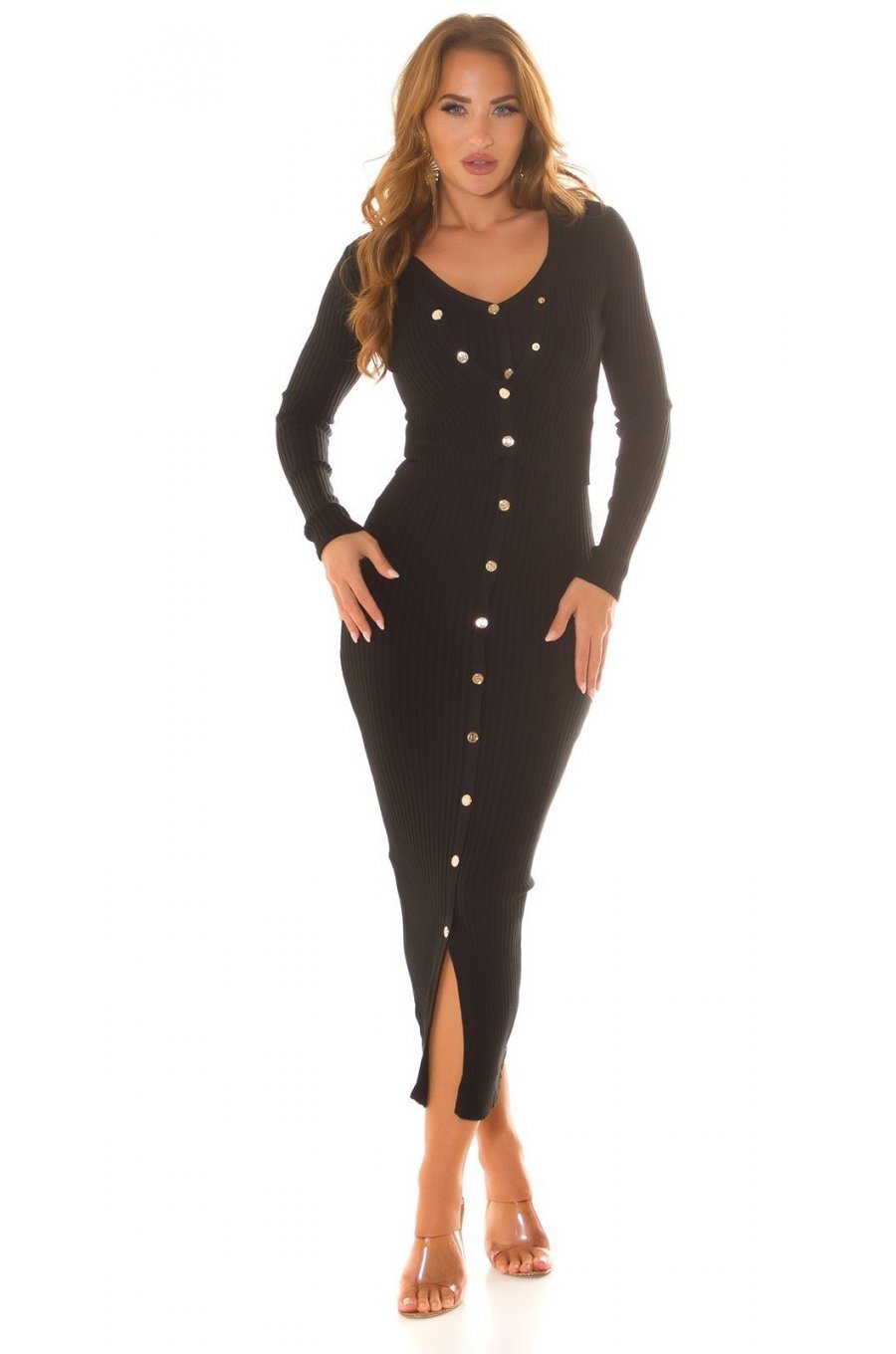 Tinuta din doua piese, rochie midi si cardigan, din vascoza, neagra, mulata, Nadinn 7 - jojofashion.ro