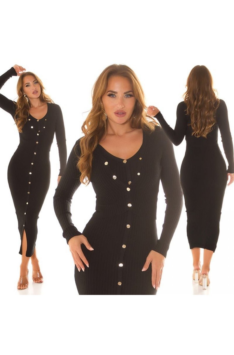 Tinuta din doua piese, rochie midi si cardigan, din vascoza, neagra, mulata, Nadinn 8 - jojofashion.ro