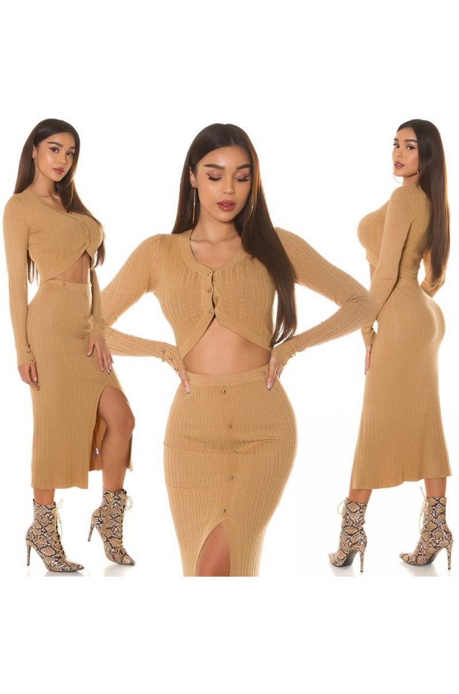 Tinuta din doua piese, vascoza cappuccino, bluza si fusta, mulata, Maureen 7 - jojofashion.ro