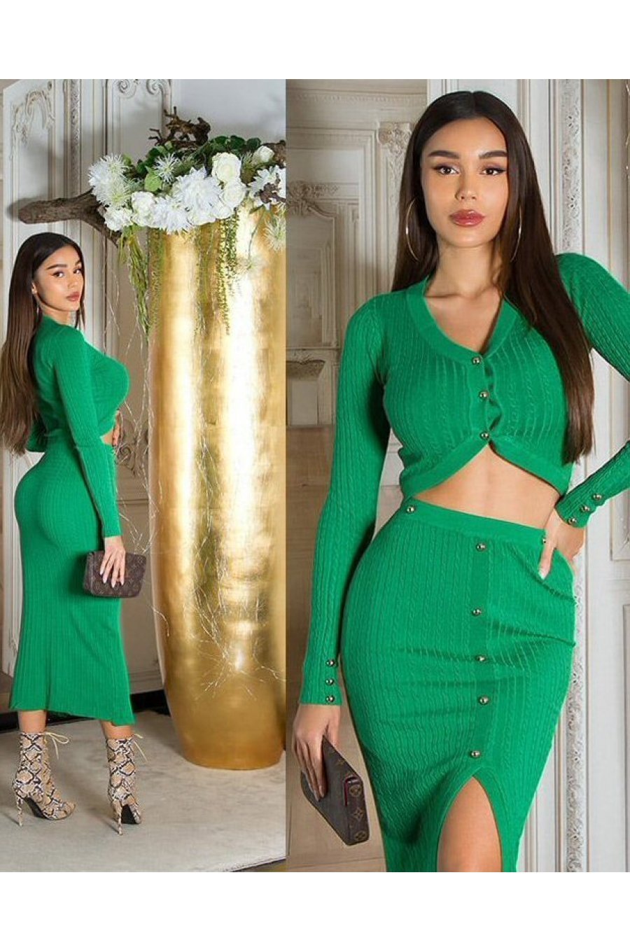 Tinuta din doua piese, vascoza verde, bluza si fusta, mulata, Maureen 3 - jojofashion.ro