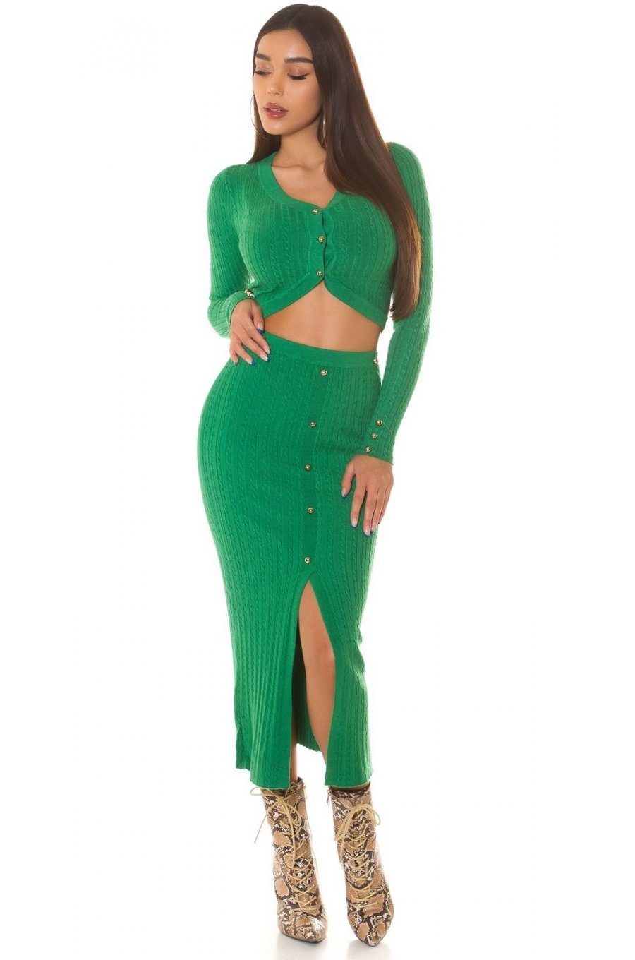 Tinuta din doua piese, vascoza verde, bluza si fusta, mulata, Maureen 4 - jojofashion.ro