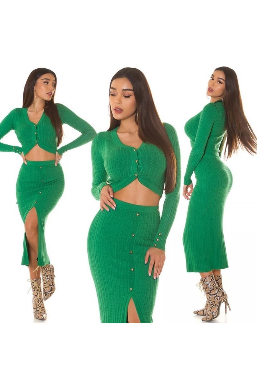 Tinuta din doua piese, vascoza verde, bluza si fusta, mulata, Maureen 7 - jojofashion.ro
