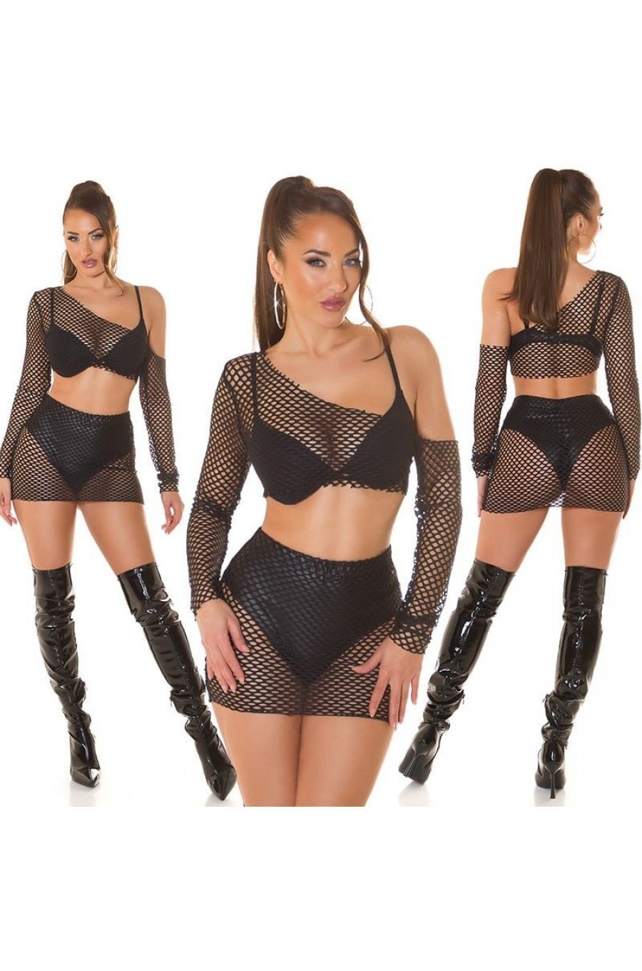 Tinuta doua piese, din plasa neagra, fusta scurta si crop top, Cambell Tinuta doua piese, din plasa neagra, fusta scurta si crop top, Cambell 6 - jojofashion.ro
