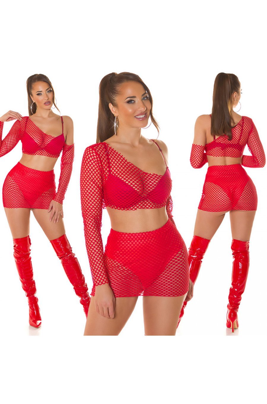 Tinuta din doua piese, plasa rosie, fusta scurta si crop top, Cambell 2 - jojofashion.ro