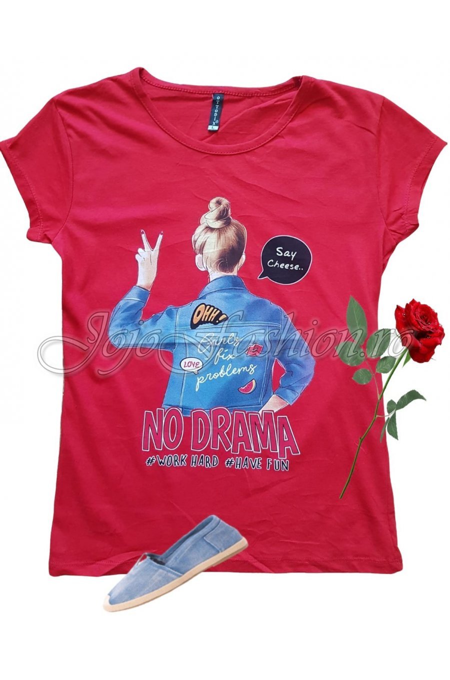 Tricou dama rosu casual cu mesaj si imprimeu Alina 1 - jojofashion.ro