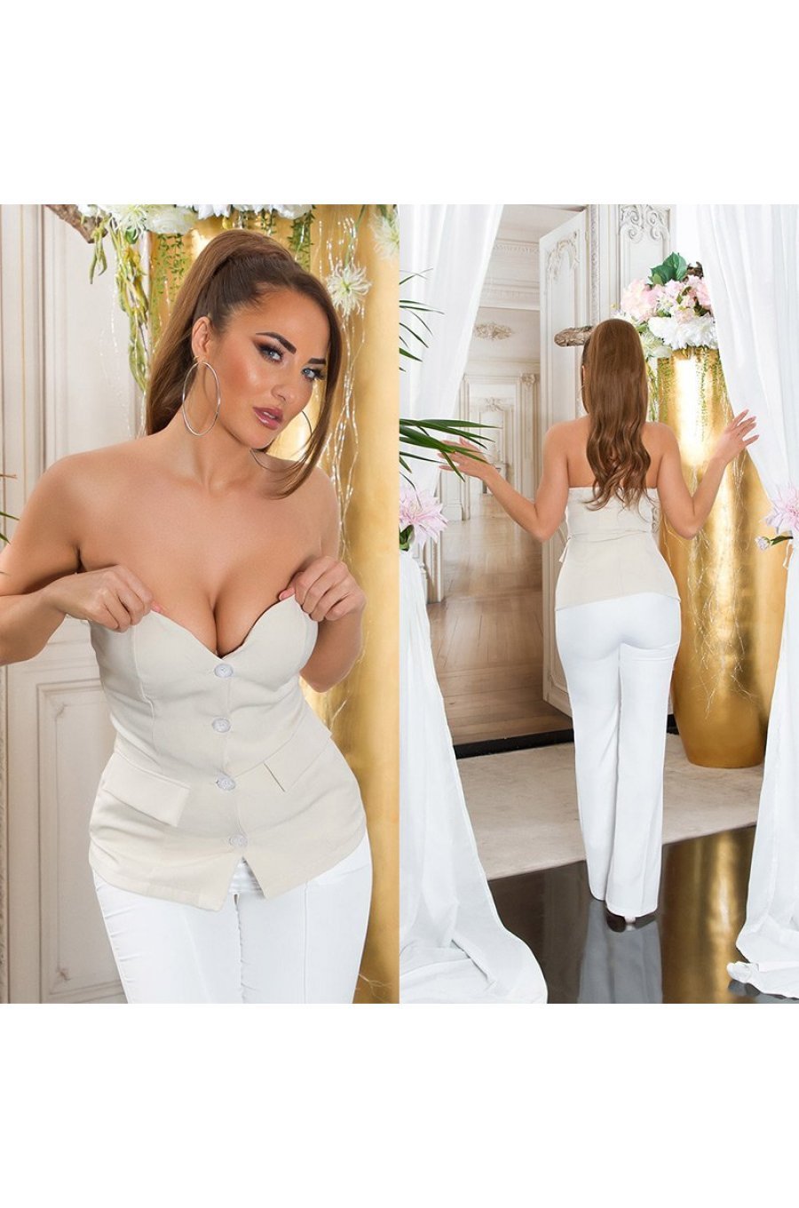 Top dama elegant bej, tip sacou, cu umerii goi, Lafayette 6 - jojofashion.ro