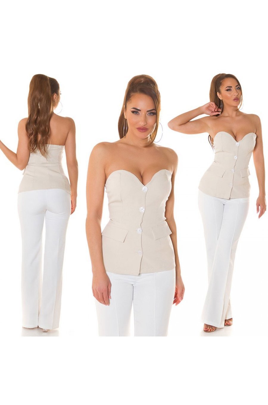 Top dama elegant bej, tip sacou, cu umerii goi, Lafayette 7 - jojofashion.ro