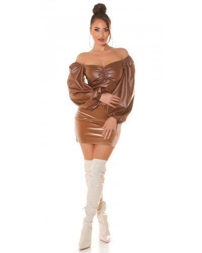 Tinuta top piele eco maro si fusta catifea Meghan Tinute de club, Tinuta top piele eco maro si fusta catifea Meghan - jojofashion.ro
