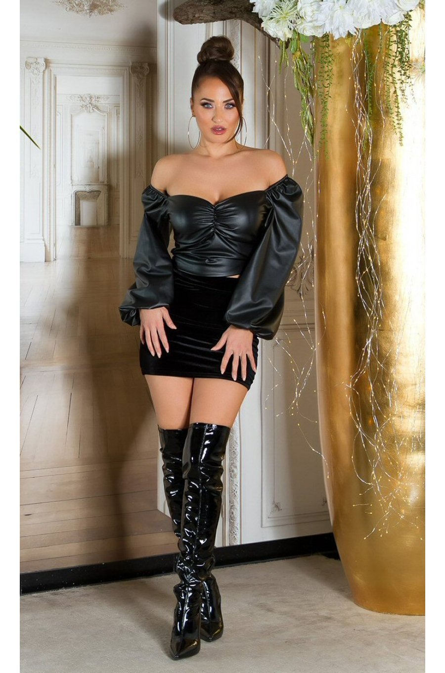 Top dama elegant, piele eco, negru, cu maneca lunga si umeri goi, Meghan 3 - jojofashion.ro