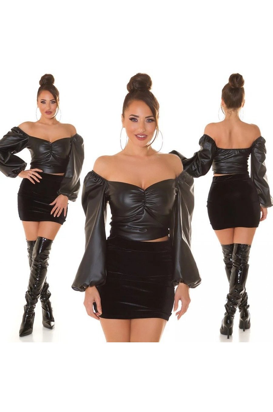 Top dama elegant, piele eco, negru, cu maneca lunga si umeri goi, Meghan 7 - jojofashion.ro
