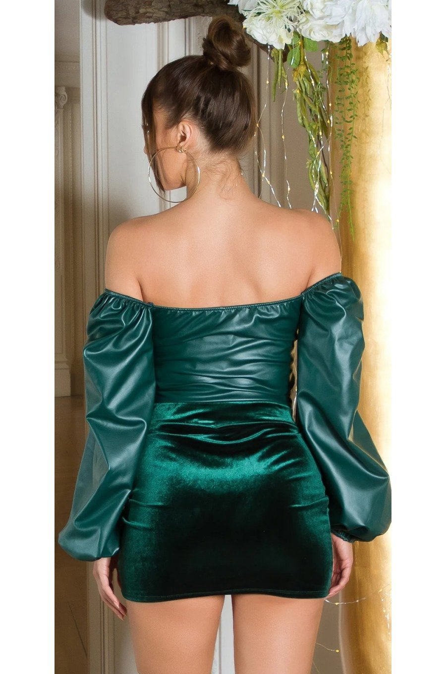 Top dama elegant, piele eco, verde, cu maneca lunga si umeri goi, Meghan 2 - jojofashion.ro