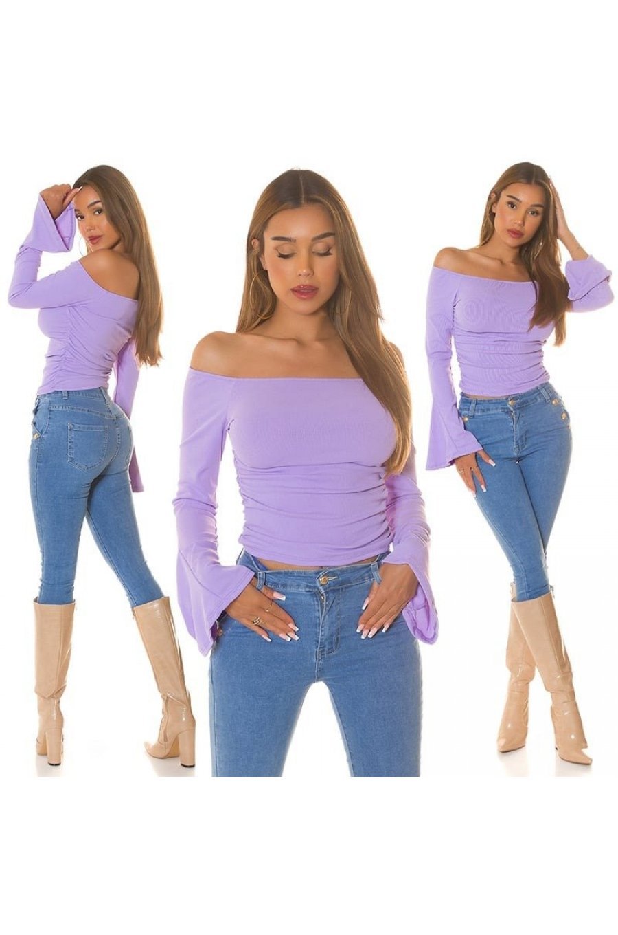 Top dama, lila, cu umerii goi si maneca clopot, Taysa 6 - jojofashion.ro