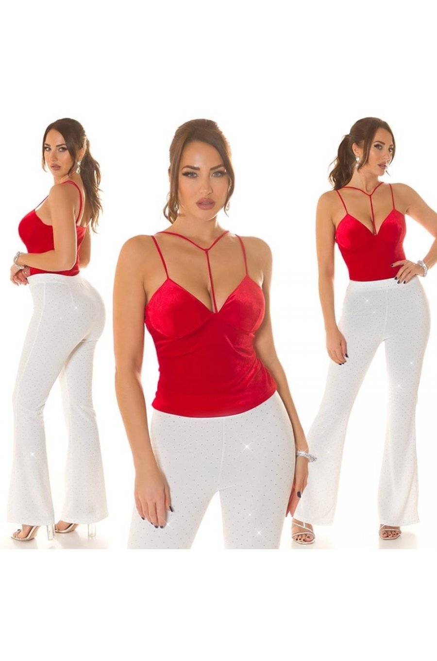 Top dama rosu, din catifea, cu bretelute si cupe, Danni 7 - jojofashion.ro