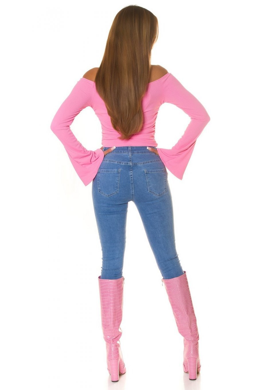 Top dama, roz, cu umerii goi si maneca clopot, Taysa 5 - jojofashion.ro