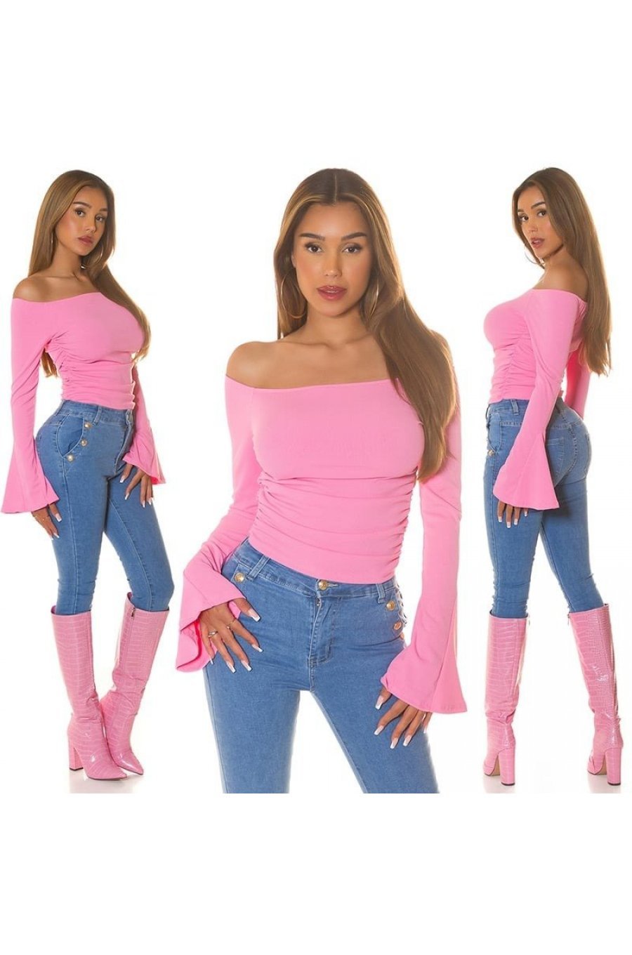 Top dama, roz, cu umerii goi si maneca clopot, Taysa 6 - jojofashion.ro