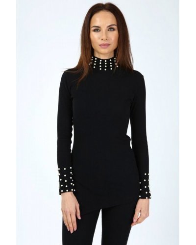 Compleu dama casual, din bumbac, negru, cu perle, Catty Treninguri dama, Compleu dama casual, din bumbac, negru, cu perle, Catty - jojofashion.ro
