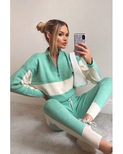 Trening casual din tricot turcoaz cu dungi albe Desiree - jojofashion.ro