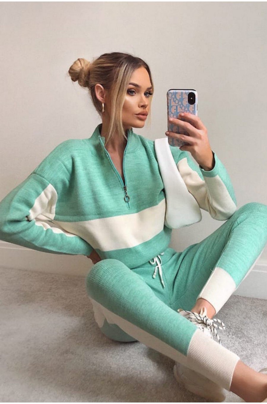 Trening casual din tricot turcoaz cu dungi albe Desiree 1 - jojofashion.ro