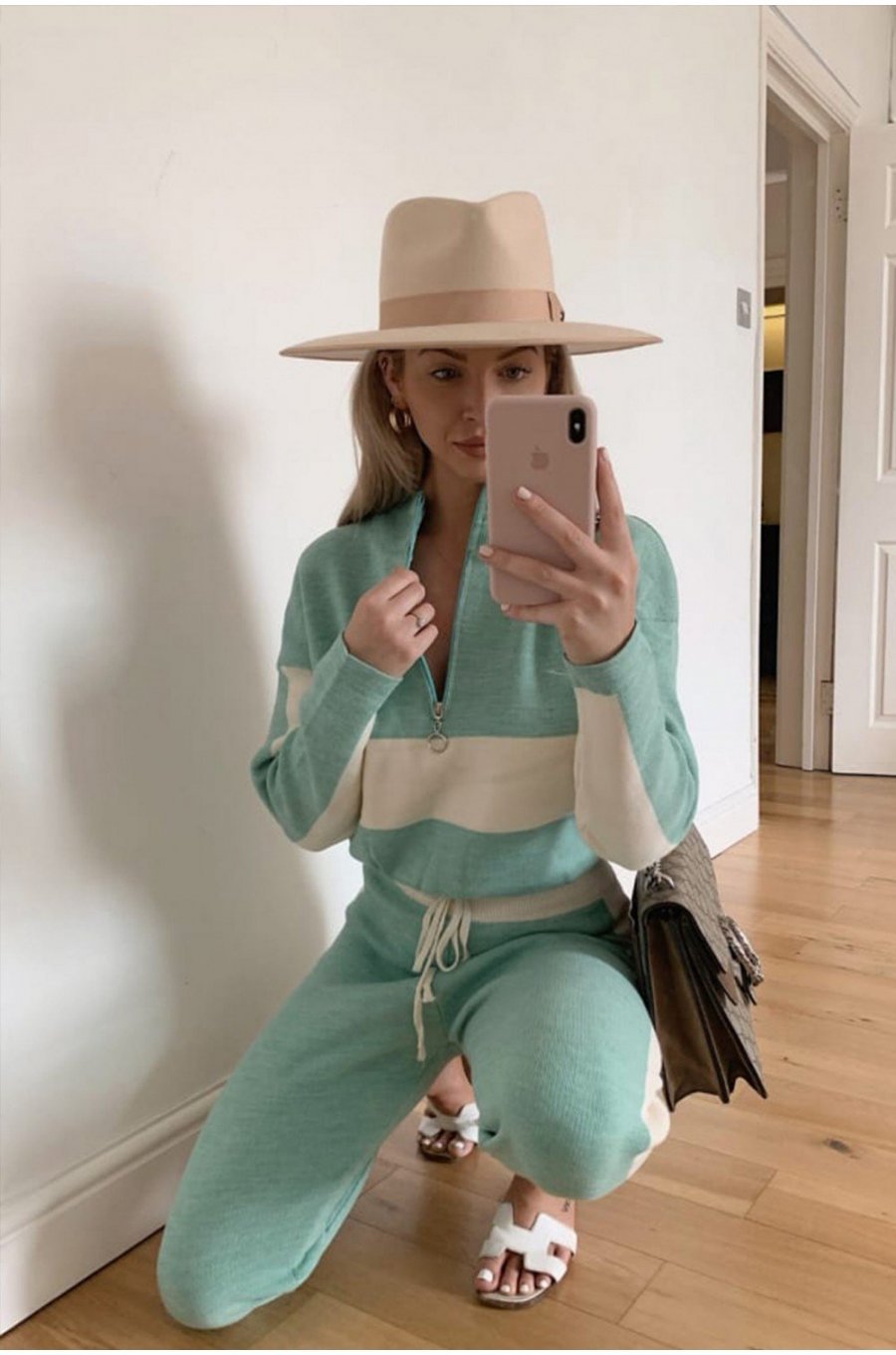 Trening casual din tricot turcoaz cu dungi albe Desiree 2 - jojofashion.ro