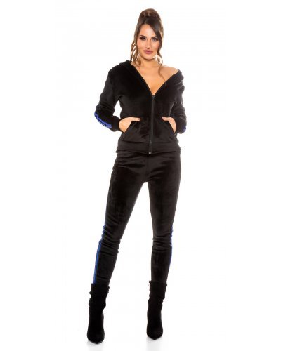 Trening dama casual catifea neagra cu dungi albastre Jasmin - jojofashion.ro