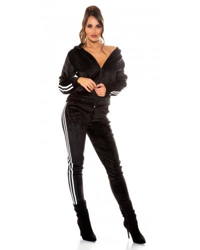 Trening dama casual catifea neagra cu dungi albe Jasmin - jojofashion.ro