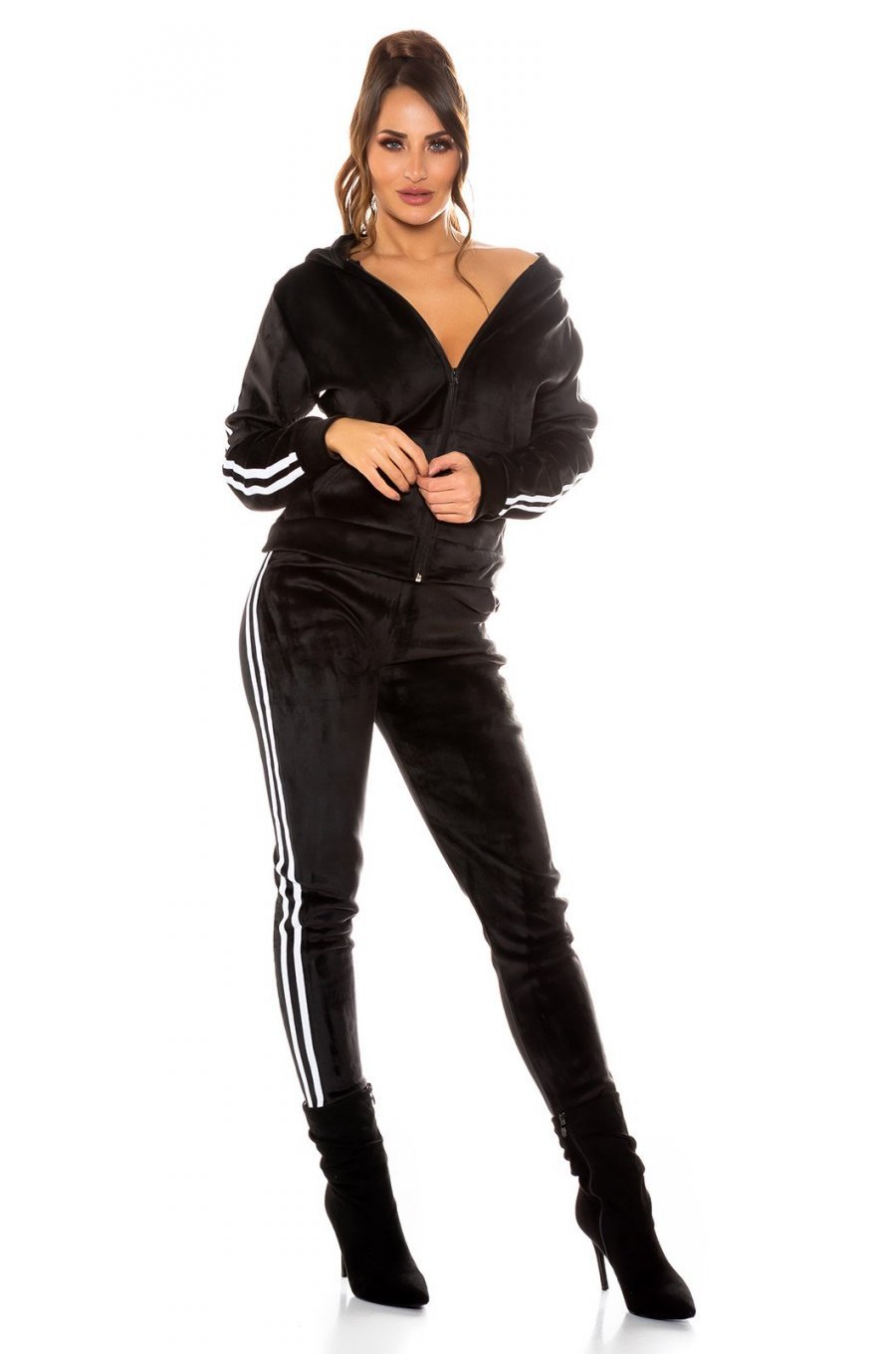 Trening dama casual catifea neagra cu dungi albe Jasmin 2 - jojofashion.ro