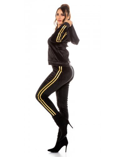 Trening dama casual catifea neagra cu dungi aurii Jasmin - jojofashion.ro