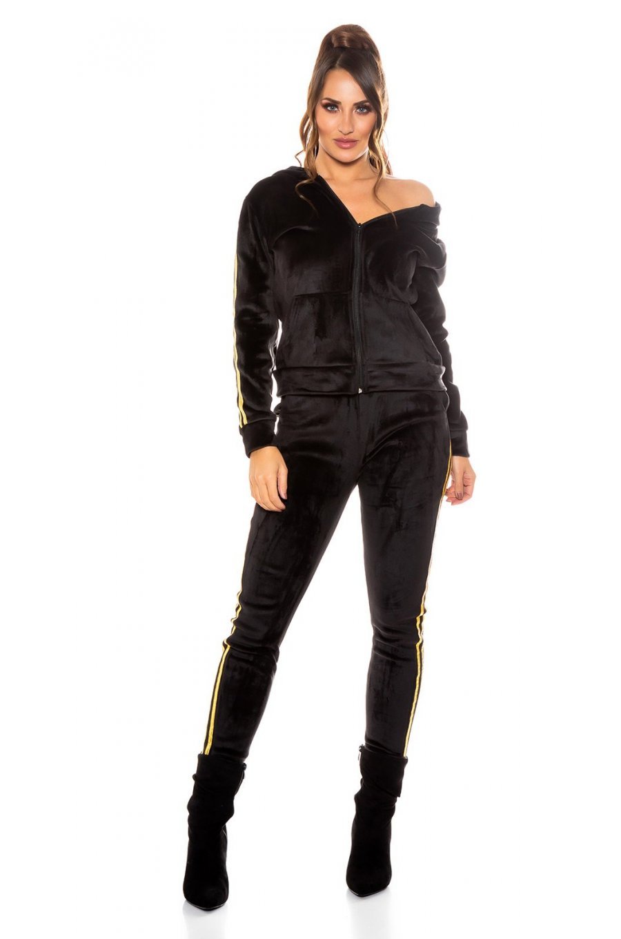 Trening dama casual catifea neagra cu dungi aurii Jasmin 2 - jojofashion.ro