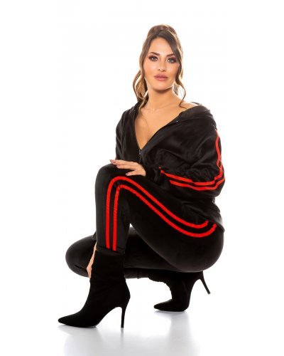 Trening dama casual catifea neagra cu dungi rosii Jasmin - jojofashion.ro