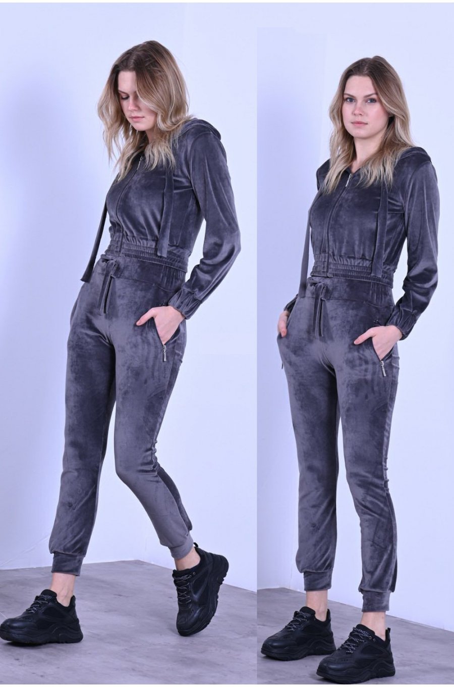 Trening dama catifea gri cu gluga Soffy Trening dama catifea gri cu gluga Soffy 1 - jojofashion.ro