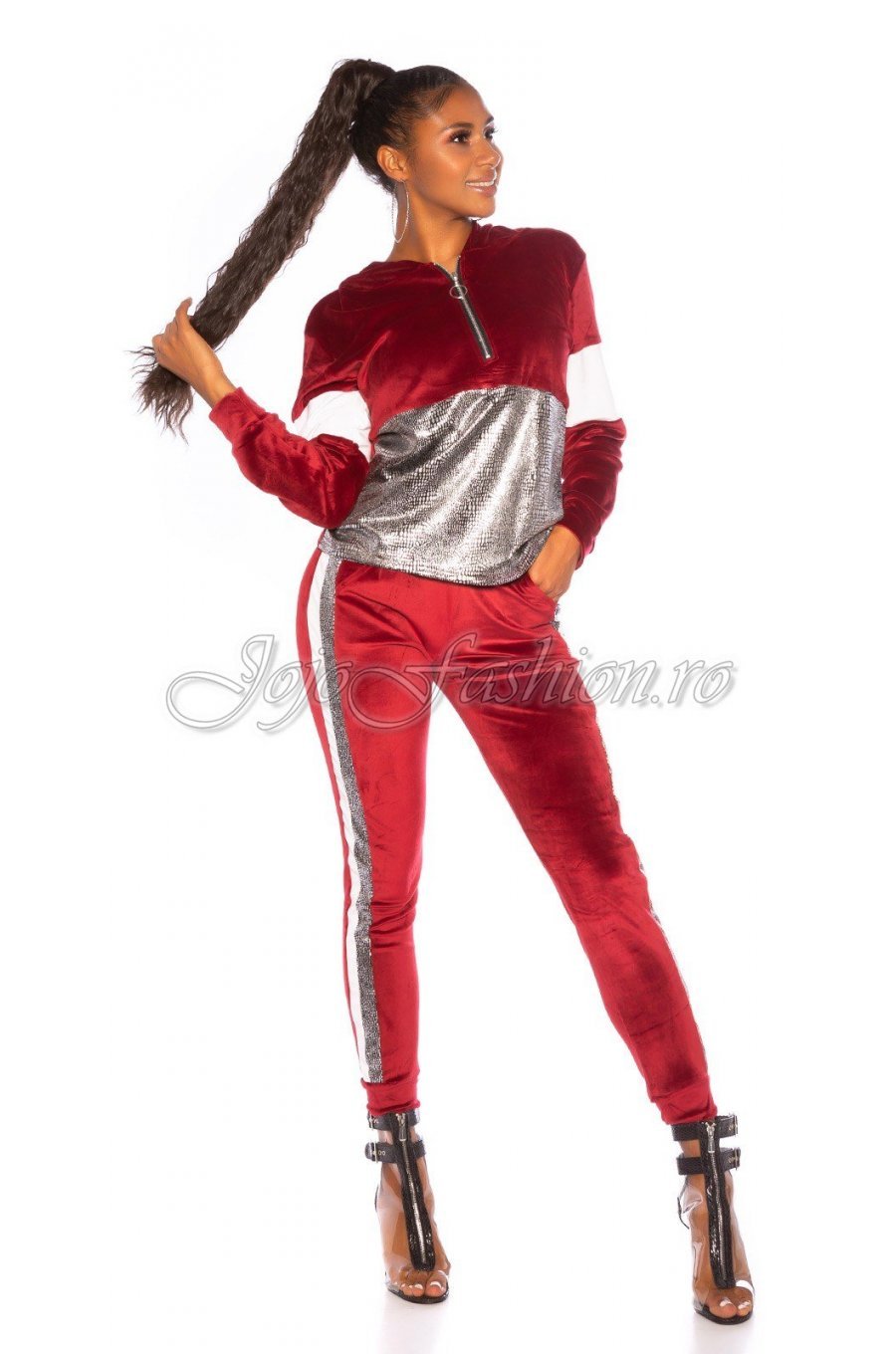 Trening dama casual, din catifea, burgundy, cu paiete Koucla Kerry 1 - jojofashion.ro