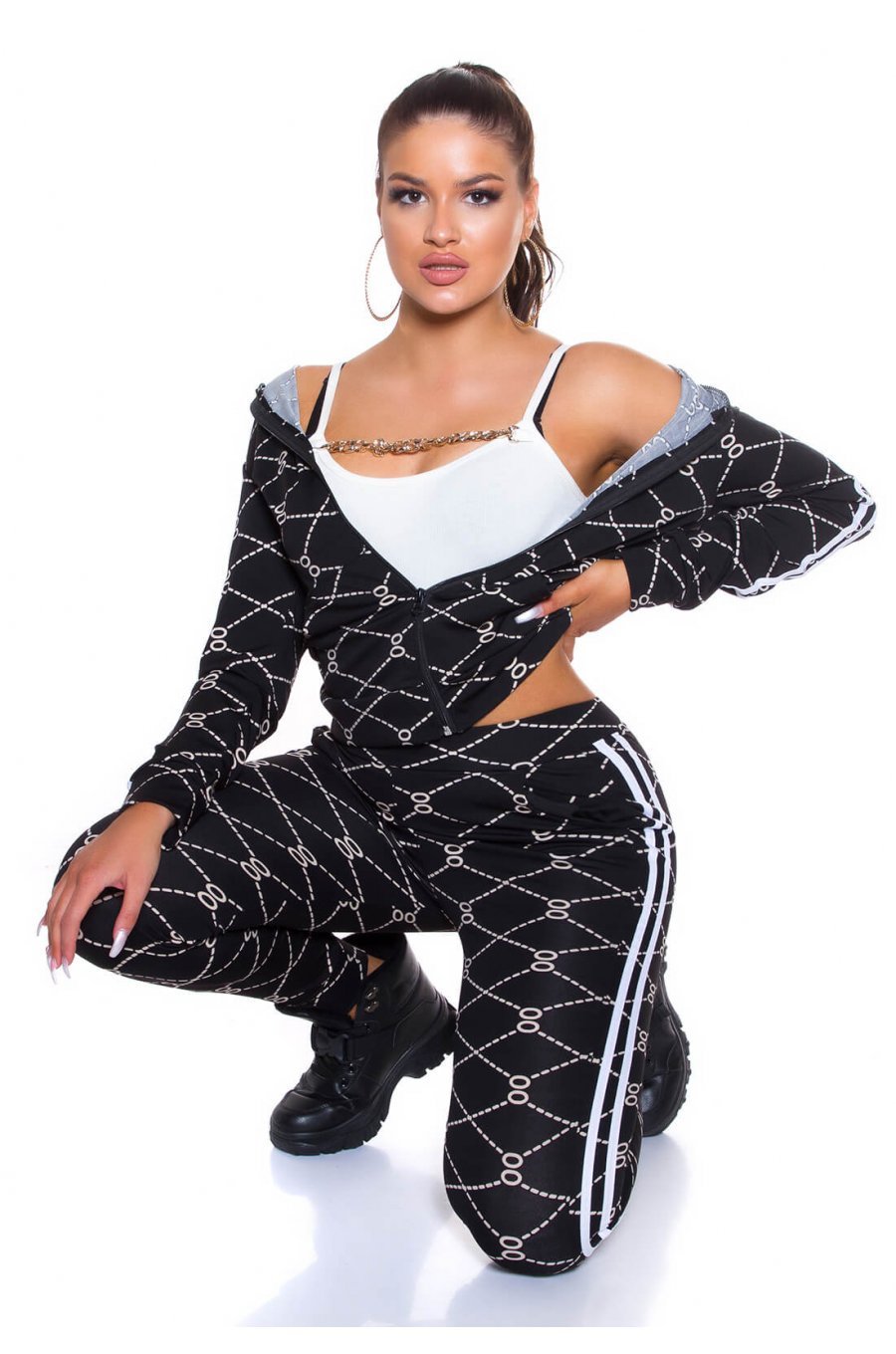 Trening dama negru cu print alb Kim 3 - jojofashion.ro